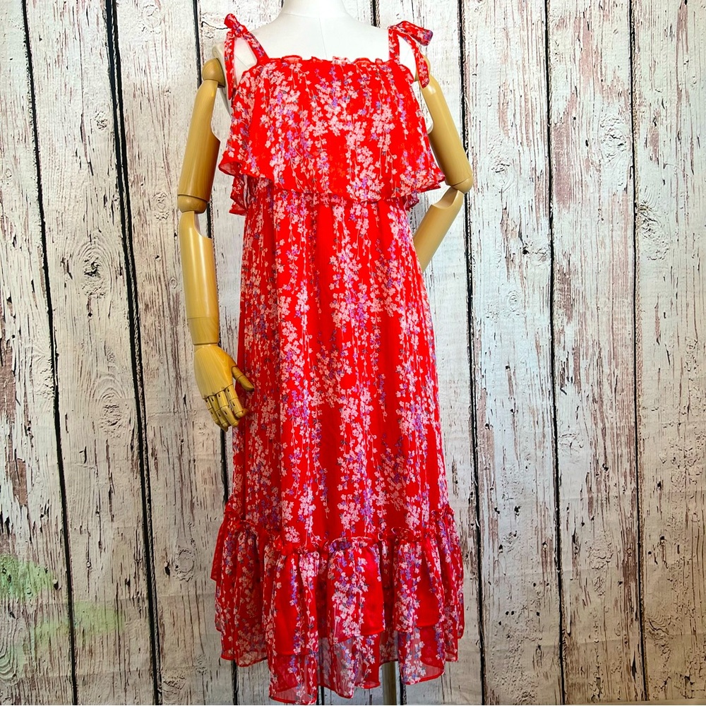 SAINTS + SECRETS Floral Ruffle Chiffon Midi Layered Dress Size Large Like New